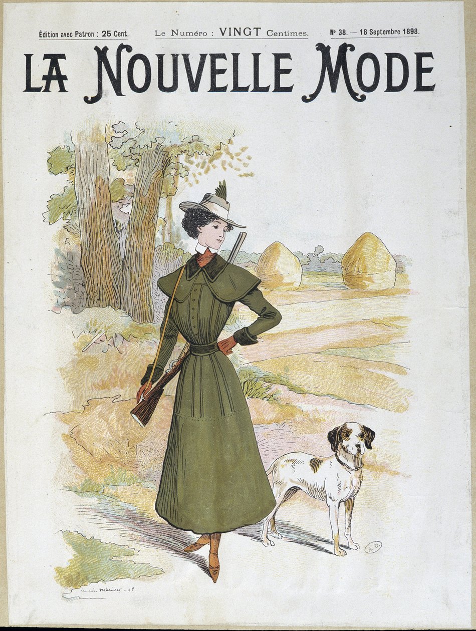 Femme en tenue de chasse portant un fusil - dans "La Nouvelle Mode" de septembre 1898 - Lucien Metivet