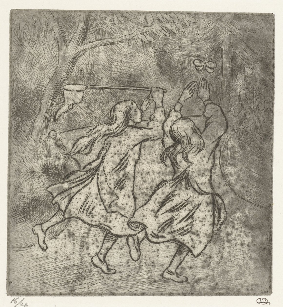Deux filles attrapant des papillons - Lucien Pissarro