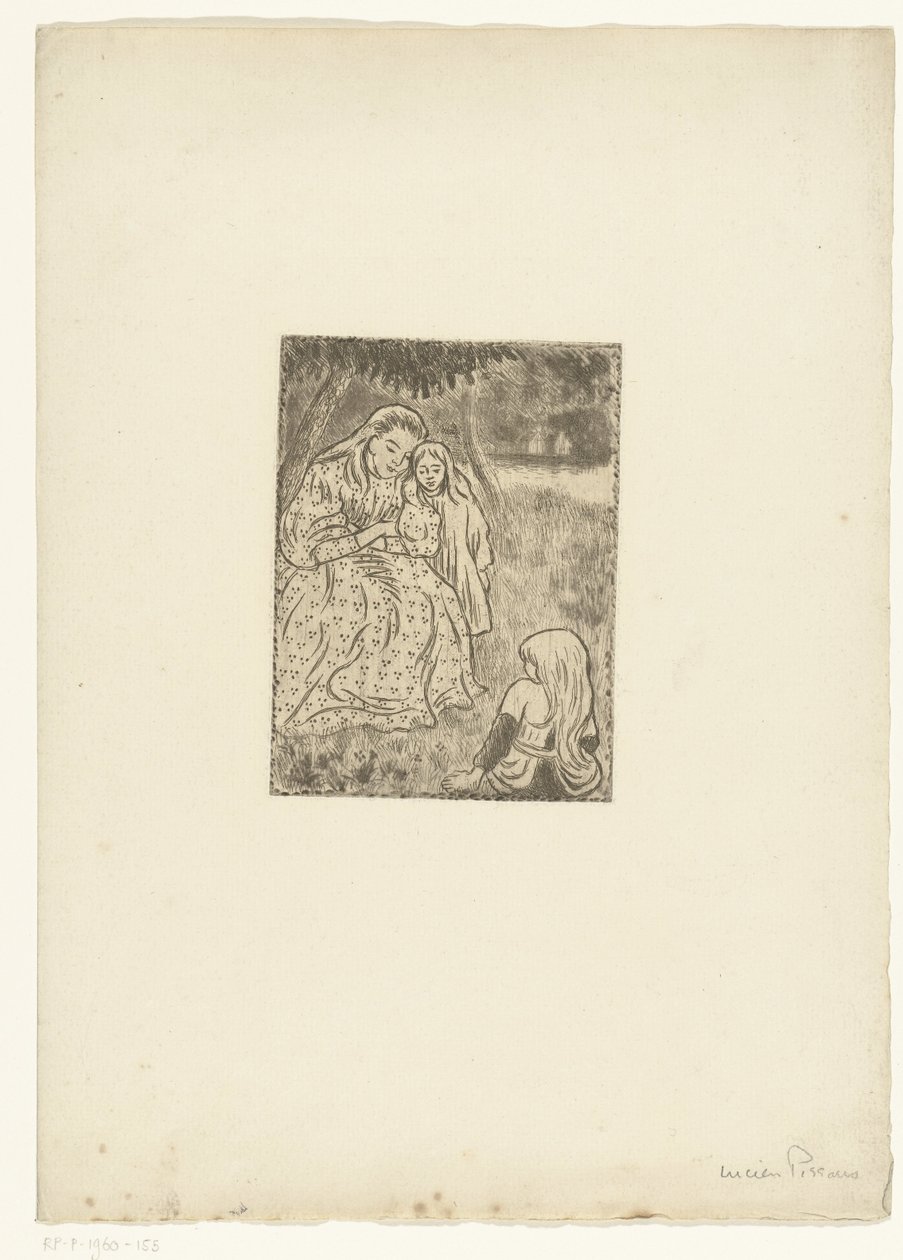 Femme avec deux filles dans un pré - Lucien Pissarro