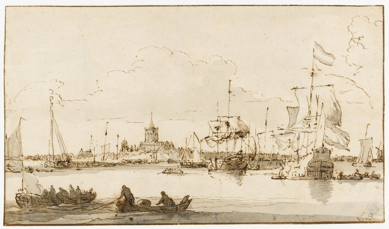Vue de Vlaardingen avec des navires au premier plan - Ludolf Backhuysen