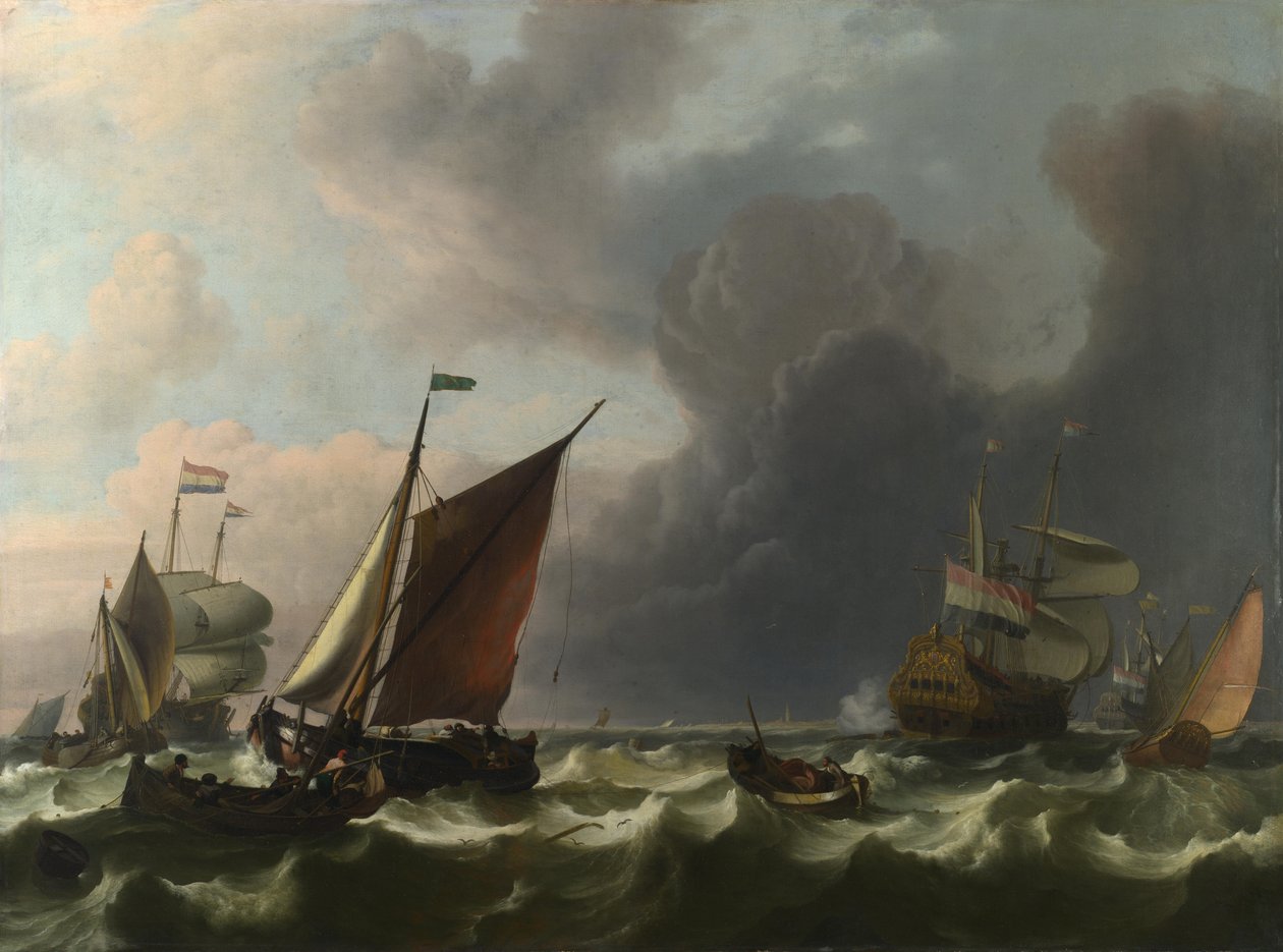 Navires de guerre néerlandais et petits bateaux par vent frais au large d