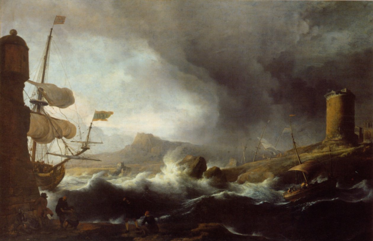 German : Stürmische See an bergiger Küste Stormy Seas on a Mountainous Coast - Ludolf Bakhuizen