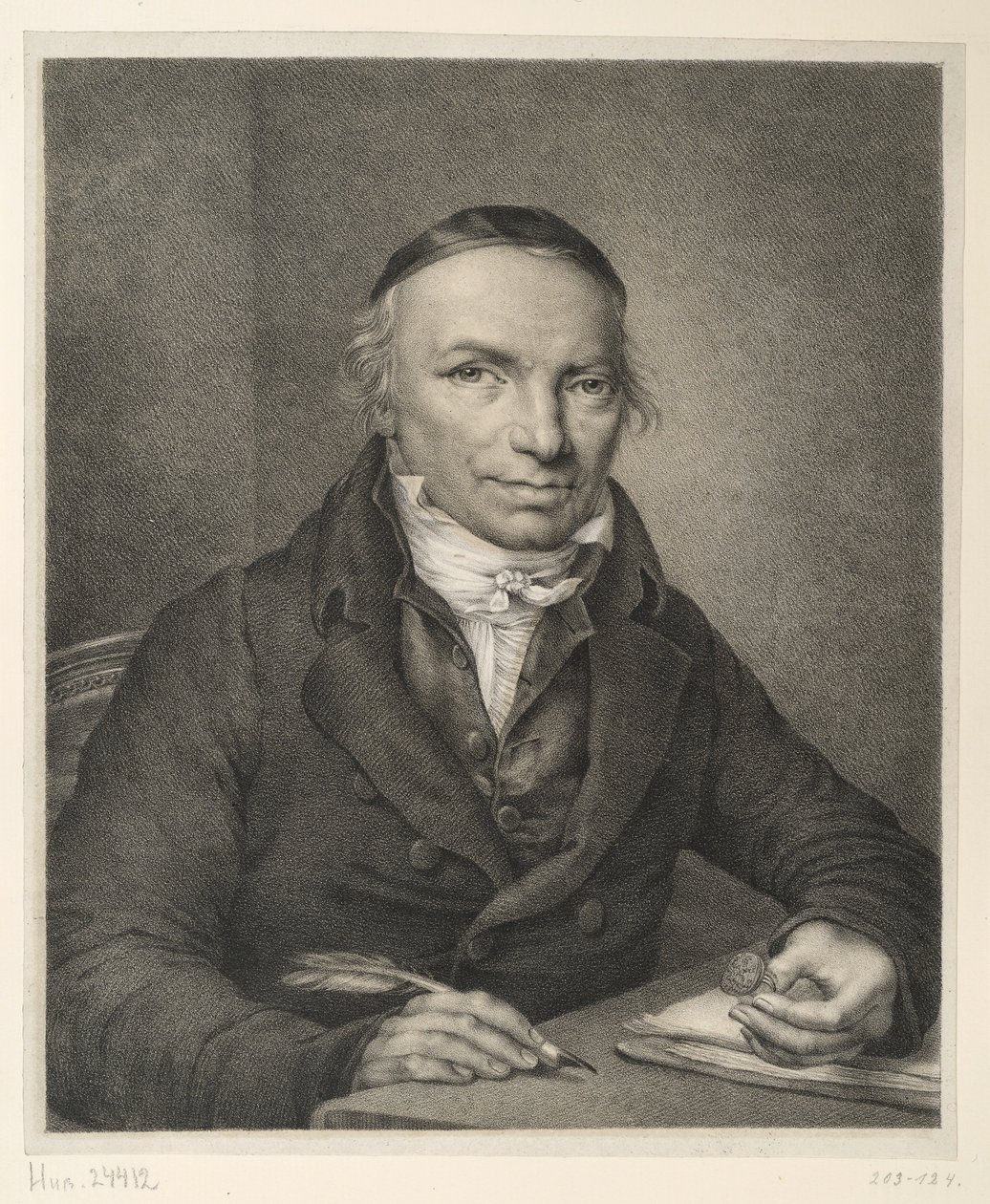Johann Joachim Bellermann, portrait en buste à table, tenant une chevalière à la main - Ludwig Buchhorn