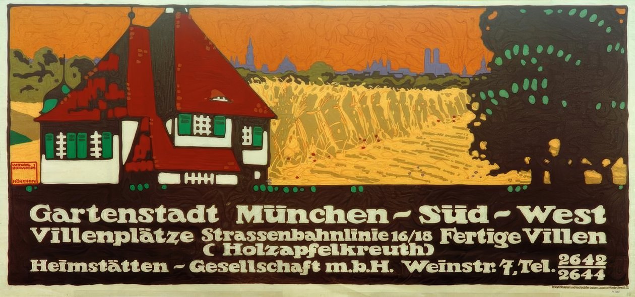 Gartenstadt Munich-Sud-Ouest / Places de villas / Ligne de tramway 16/18 / Villas finies (Holzapfelkreuth) / Société de logement - Ludwig Hohlwein