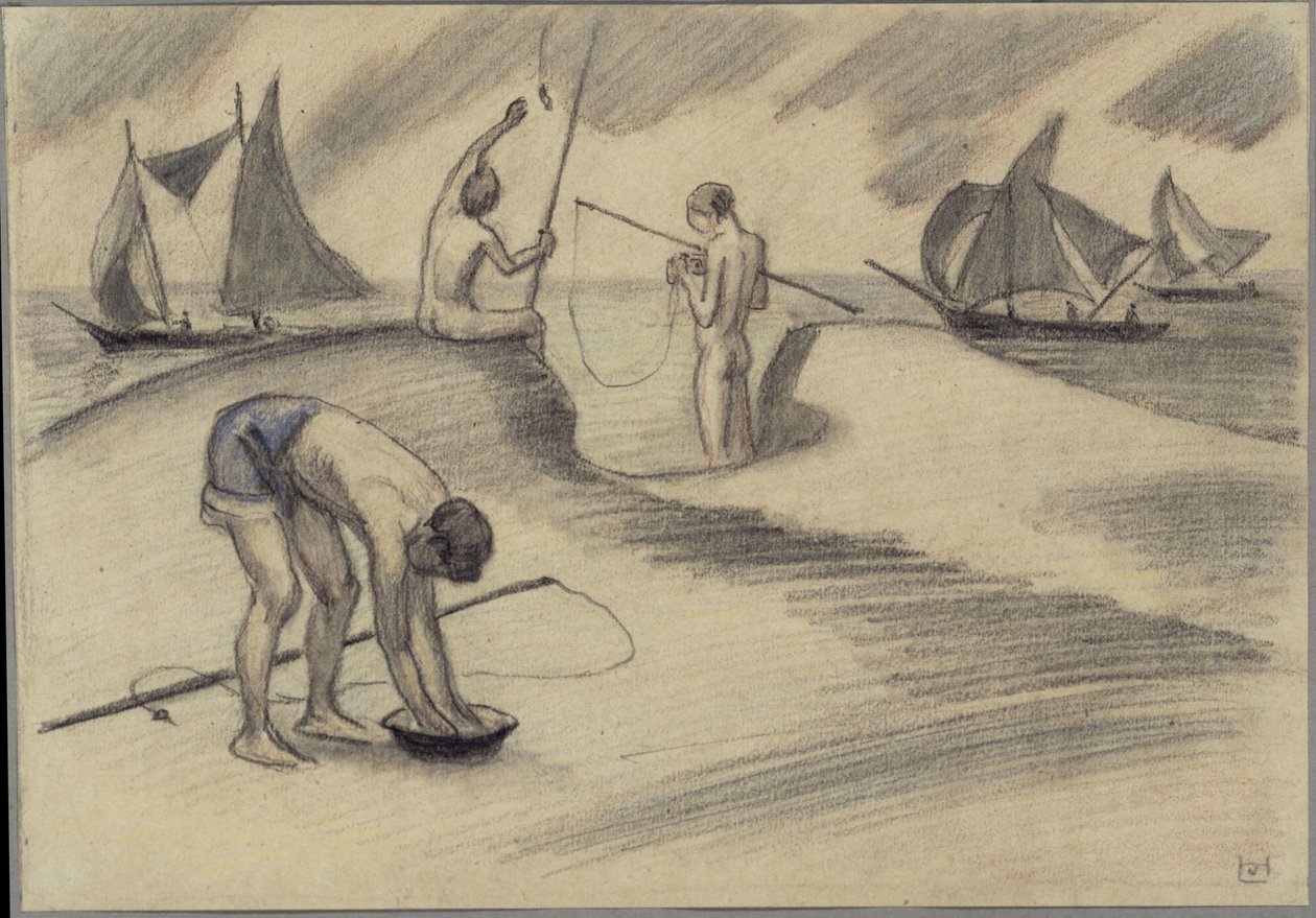 Trois garçons pêchant au bord de la mer avec des voiliers - Ludwig von Hofmann
