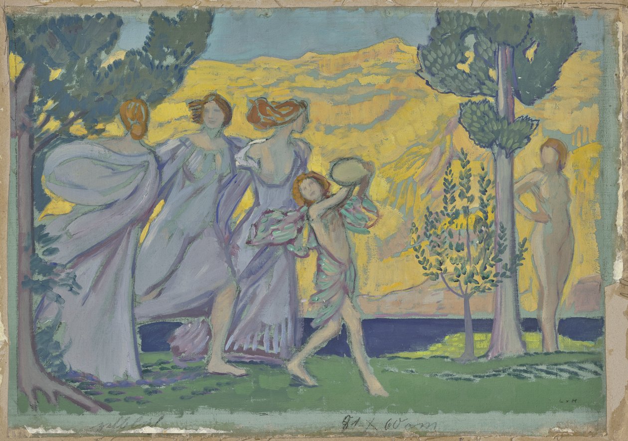Trois jeunes filles qui dansent et un joueur de tambourin - Ludwig von Hofmann