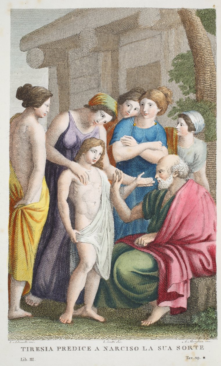 Tirésias prophétise ou Tirenia prédit à Narcisse son sort, Livre III, illustration des Métamorphoses d