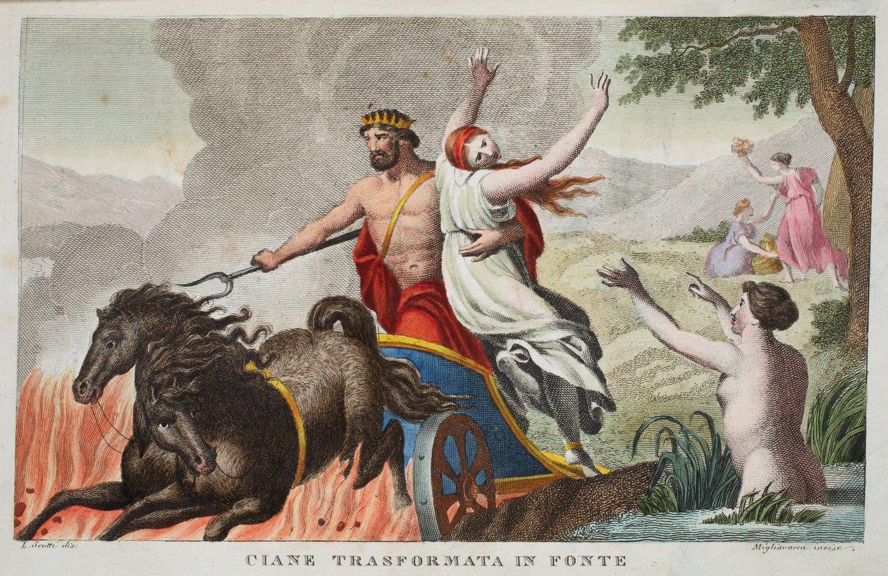 Cyane et le viol de Proserpine ou Ciane Transformata in Fonte, Livre V, illustration des Métamorphoses d