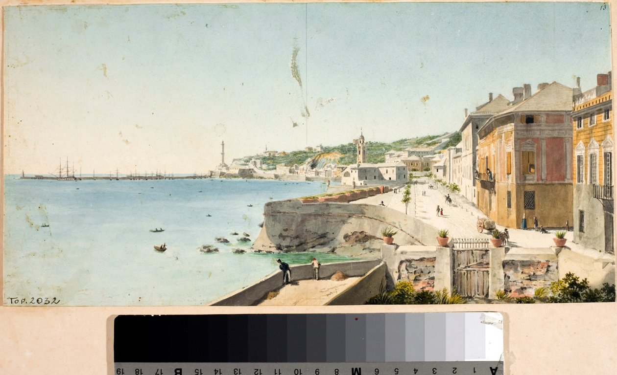 Vue du port de Gênes avec la Lanterna, phare de la ville, bastions et l