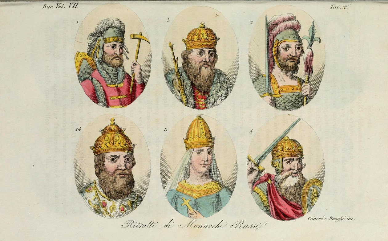 1. Rurik 2. Igor de Kiev 3. Olga 4. Sviatoslav 5. Vladimir le Grand 14. Ivan IV de Il costume antico par Giulio Ferrario, 1831 - Luigi Giarrè