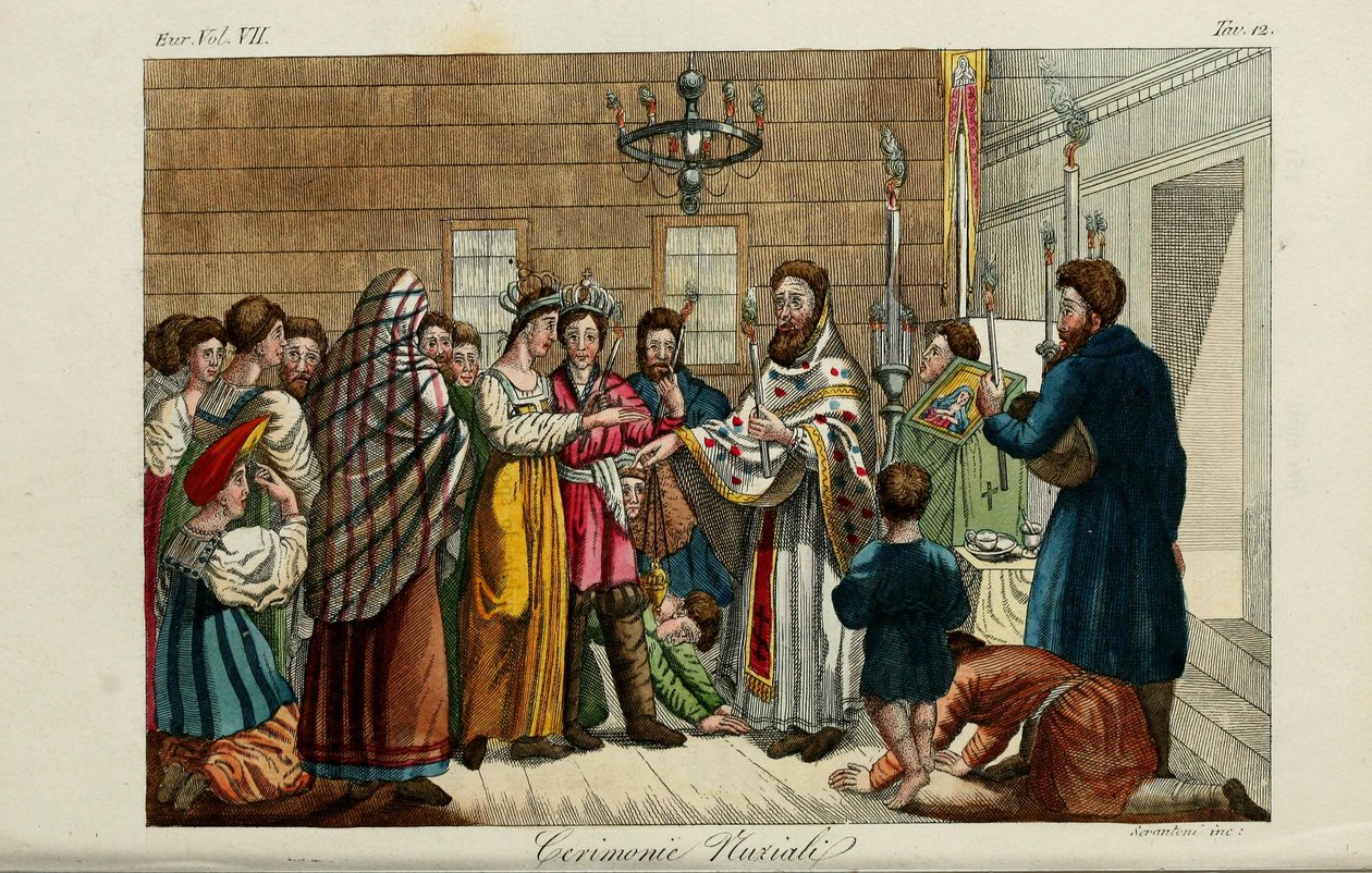 Les fiançailles. Illustration de Il costume antico e moderno o storia del governo… par Giulio Ferrario, 1831 - Luigi Giarrè