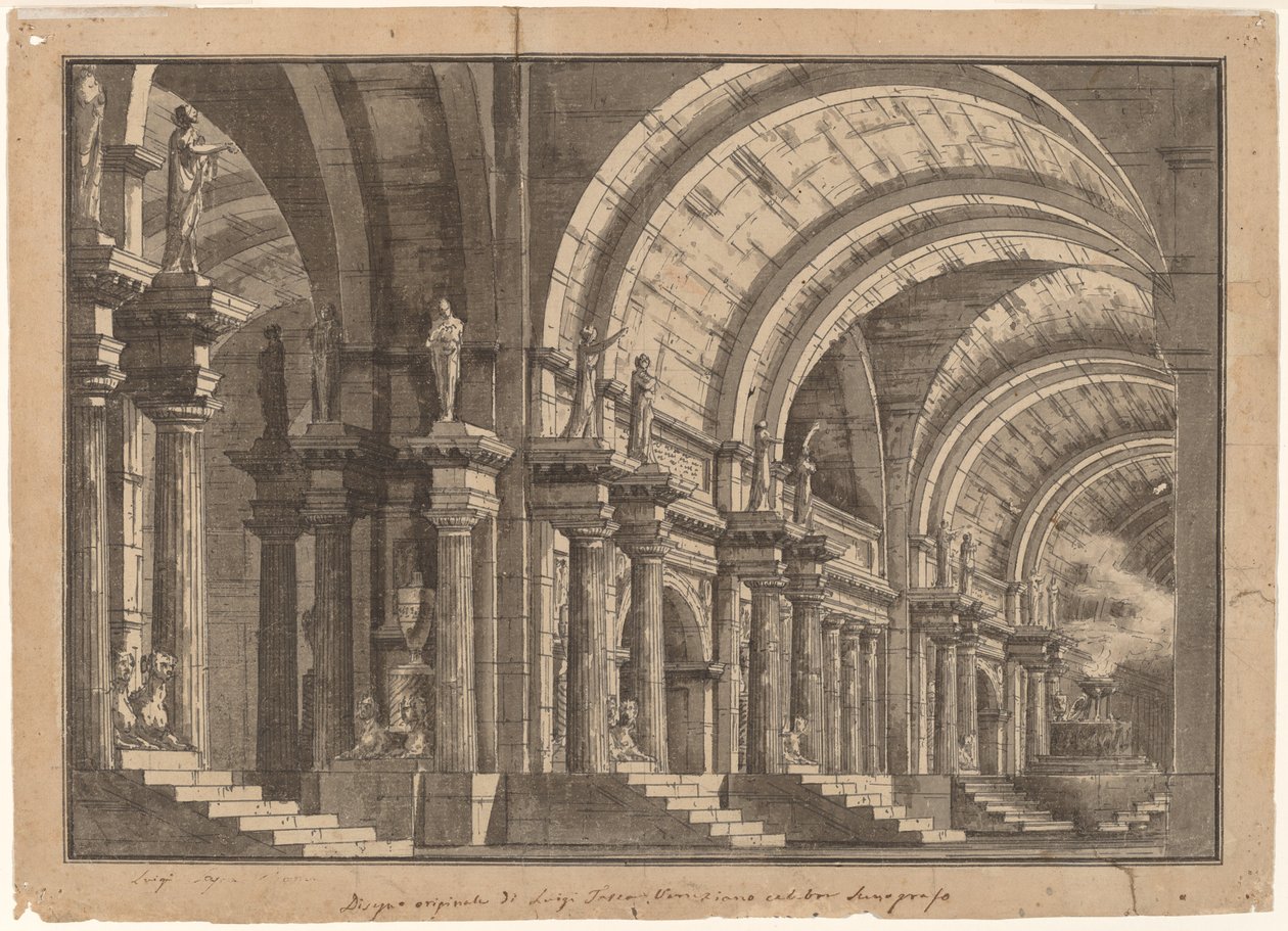 Une salle voûtée monumentale avec un autel fumant - Luigi Tasca