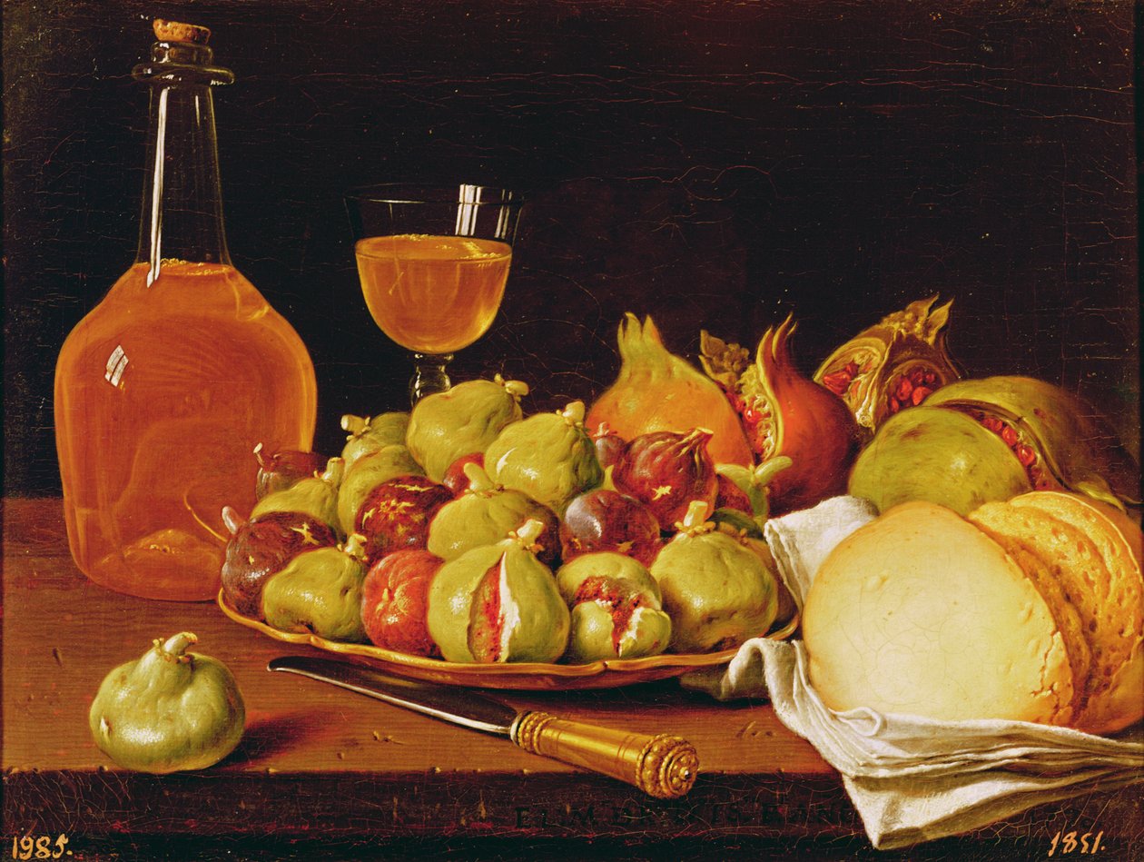 Nature morte avec une assiette de figues et grenades, pain et vin - Luis Egidio Melendez