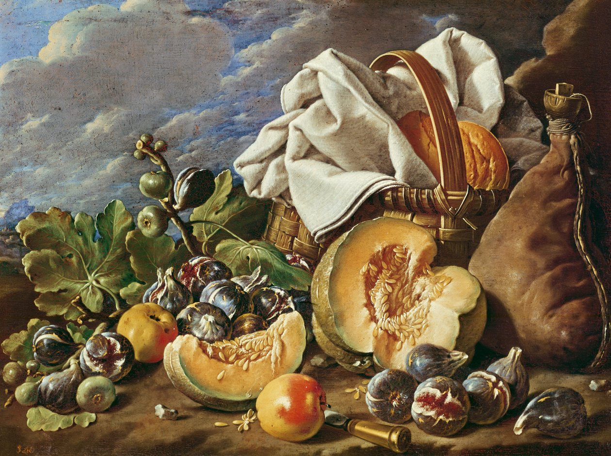 Nature morte avec figues, panier en osier, citrouille, pain, outre à vin et couteau - Luis Egidio Melendez
