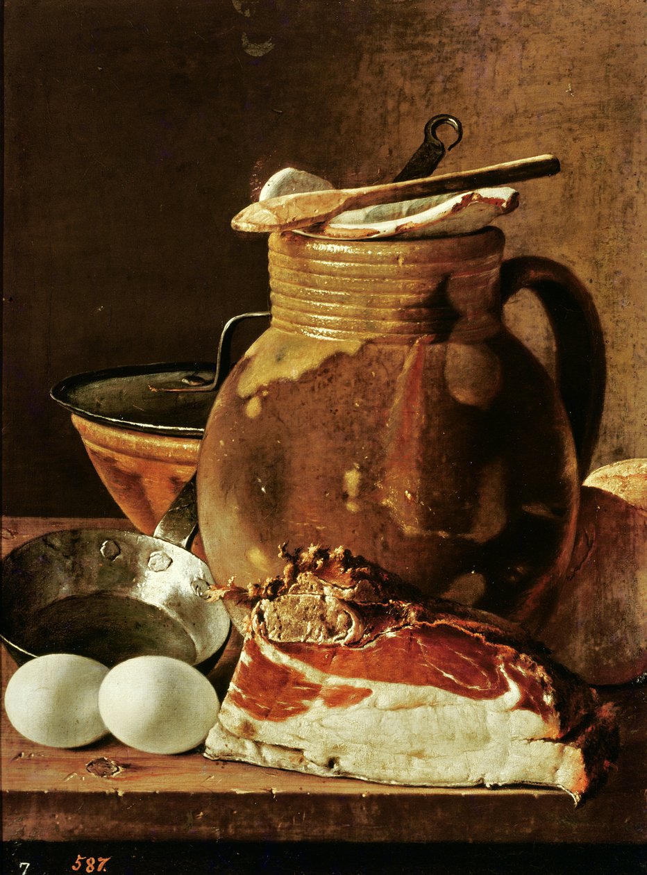 Nature morte avec jambon, œufs, pain, poêle et pichet - Luis Egidio Melendez