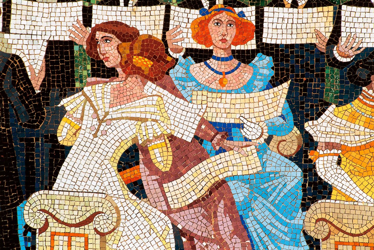 Architecture art nouveau : Palais de la musique catalane, Barcelone. Mosaique decorant la facade : femme chantant dans la choral catalane (Orfeo Catala), (détail) - Luis & Bru i Salelles Luis (1868 1952) Domenech i Montaner