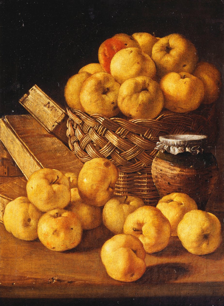 Pommes dans un panier, un pot et des boîtes à condiments sur une table - Luis Egidio Melendez