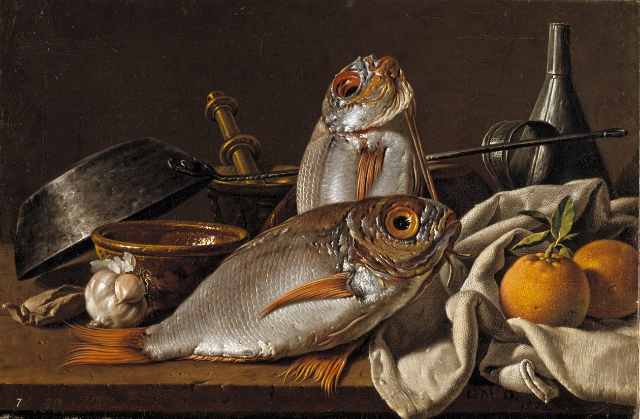 Nature morte avec brème, oranges, ail et ustensiles de cuisine - Luis Egidio Melendez