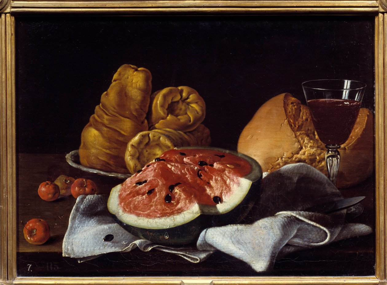 Pastèque, pain, gâteau et coupe de vin. Peinture de Luis Melendez (1716 - 1780), école espagnole - Luis Egidio Menendez or Melendez