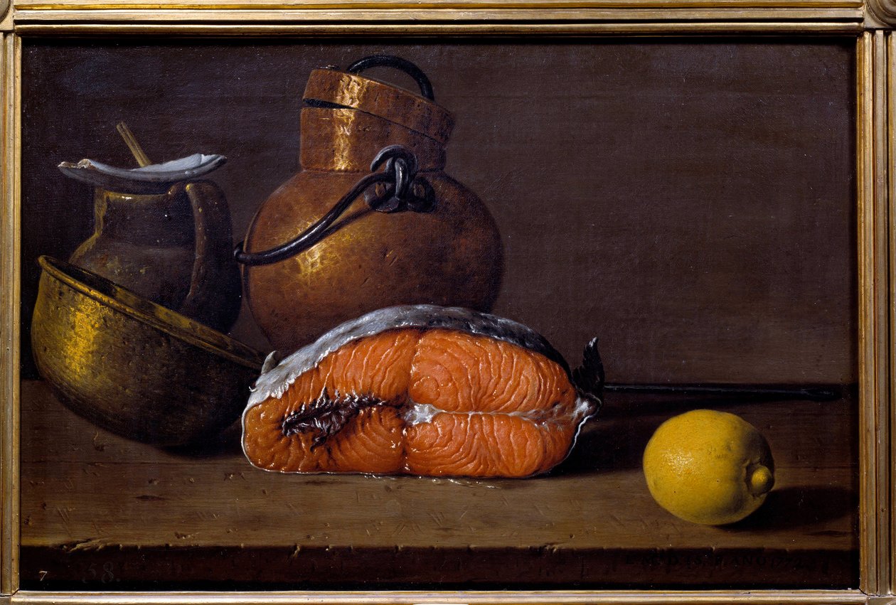 Tranche de saumon, un citron et des ustensiles - Luis Egidio Menendez or Melendez