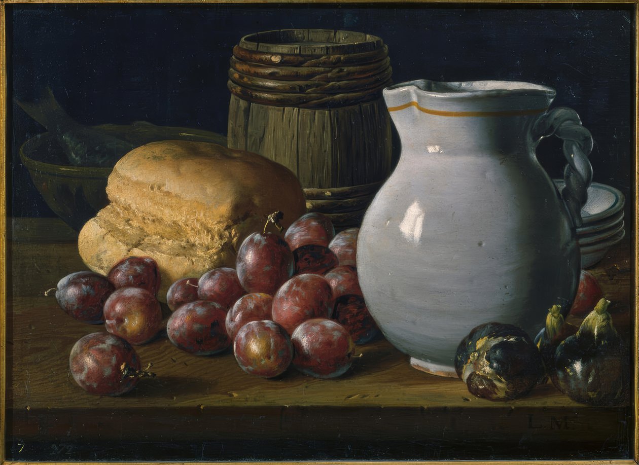 Nature morte avec prunes, figues, pain, petit tonneau, cruche et autres récipients - Luis Meléndez