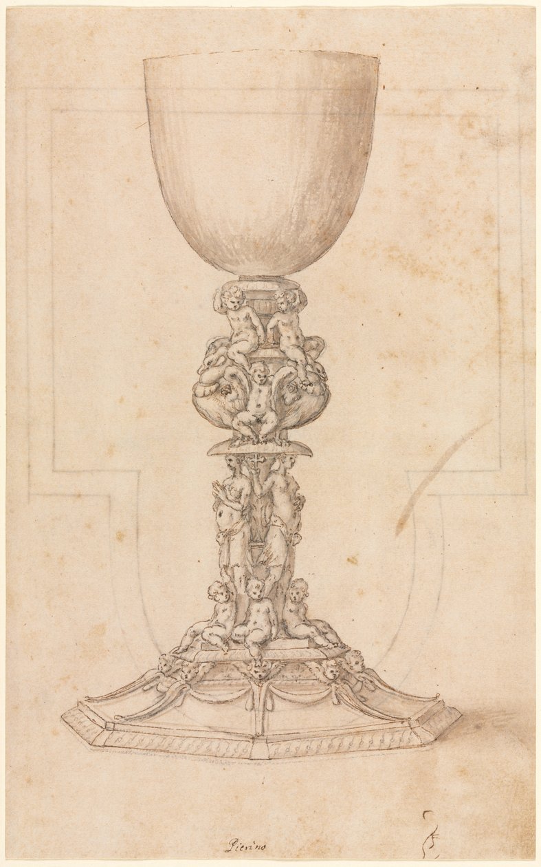 Conception pour un calice recto Plan architectural verso, milieu des années 1500 - Luzio Romano