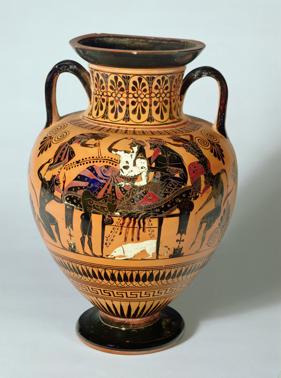 Amphore à figures noires représentant Dionysos et Ariane banquettant, grecque, 530-520 av. J.-C. - Lysippos