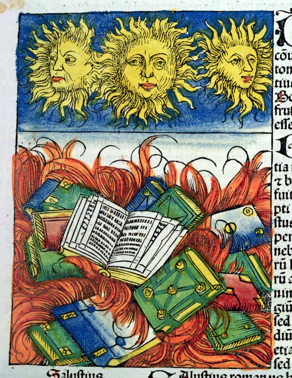 Autodafé de livres au Moyen Âge, illustration de la « Chronique de Nuremberg » par Hartmann Schedel, 1493 - M. and Pleydenwurff, W. Wolgemuth