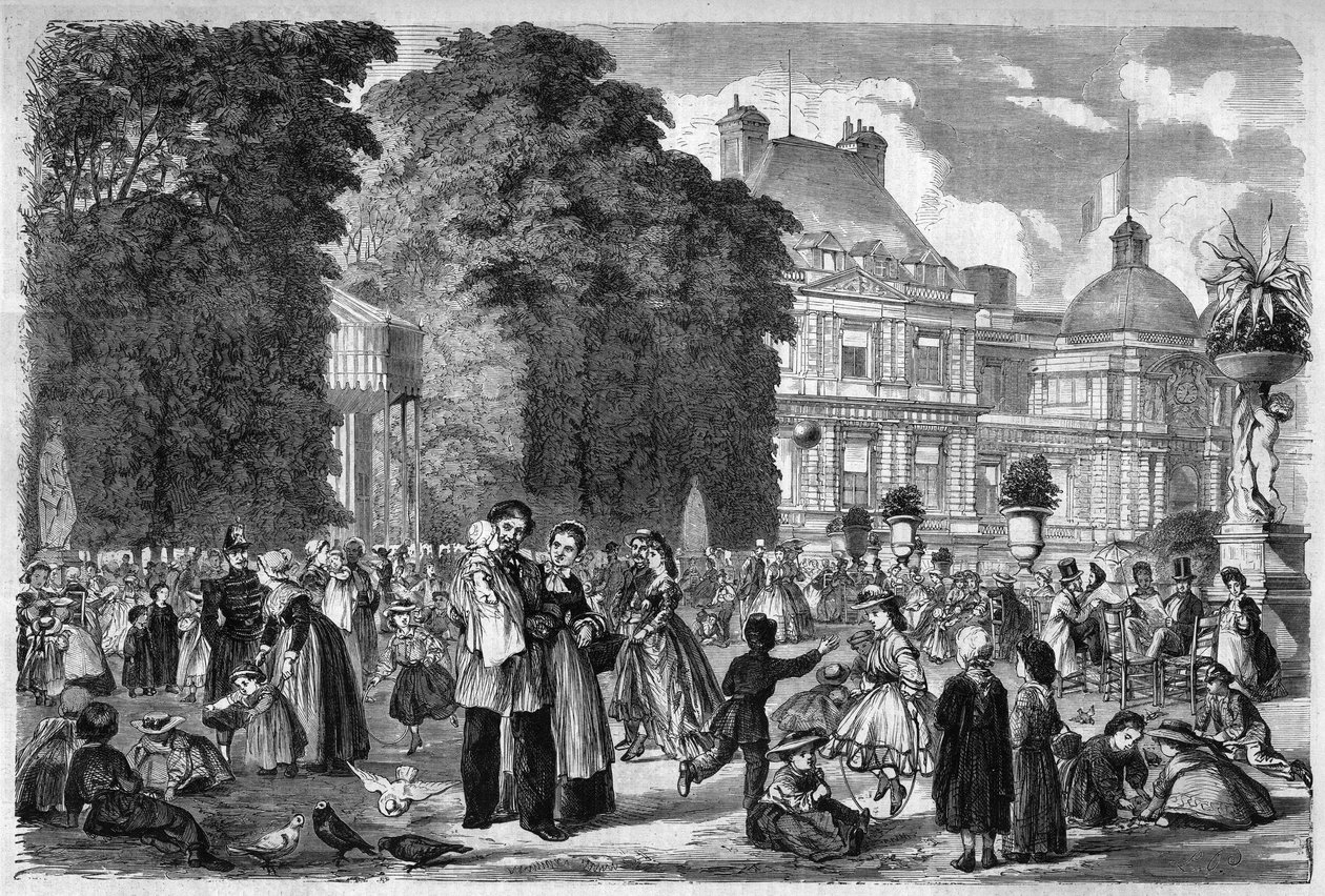 Vue du Jardin du Luxembourg à Paris. Gravure d