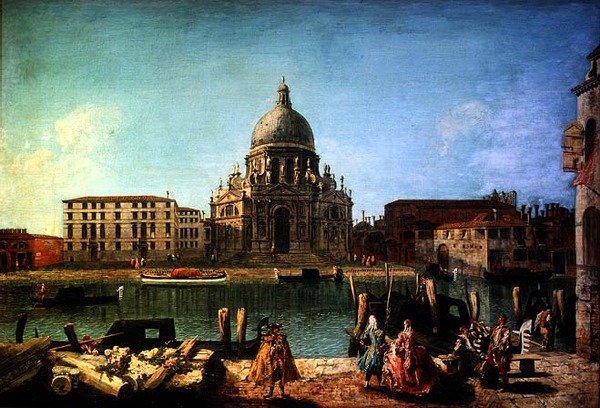 S. Maria della Salute depuis le Rio de San Moise, Venise, avec des gentilshommes et gondoliers au premier plan - M. and Guardi G.A. Marieschi