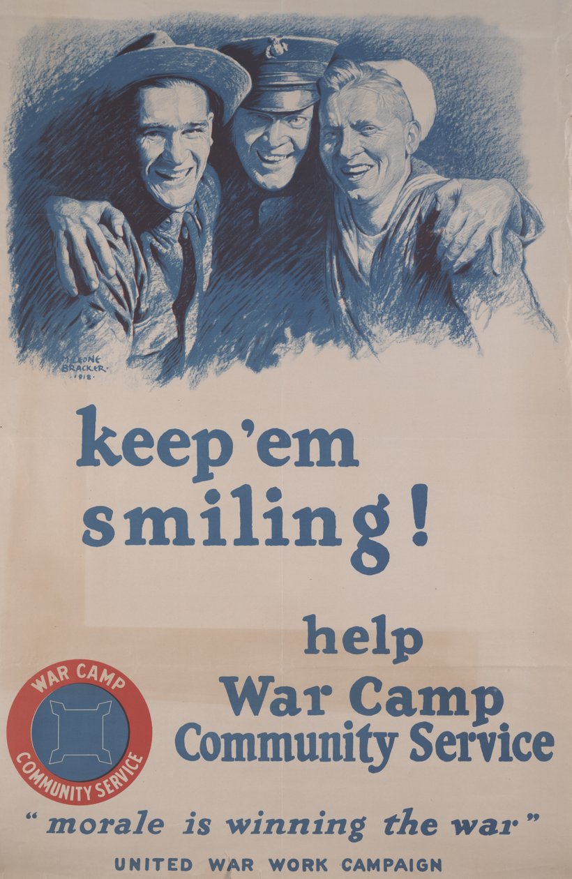 Gardez le sourire ! Aidez le Service communautaire des camps de guerre. "Le moral gagne la guerre." - M. Leone Bracker