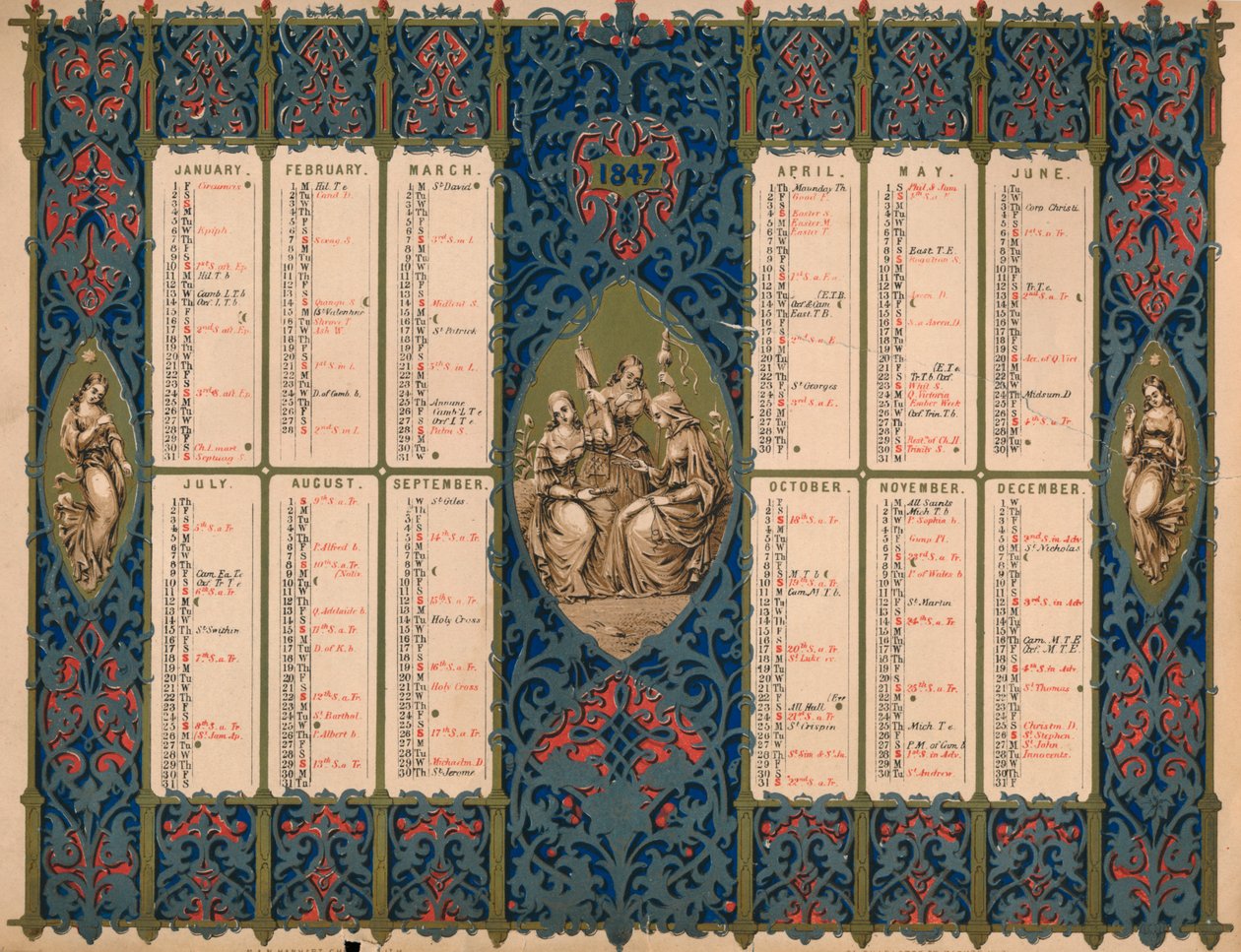 Calendrier avec jours de saints et anniversaires royaux, 1847 - M and N Hanhart