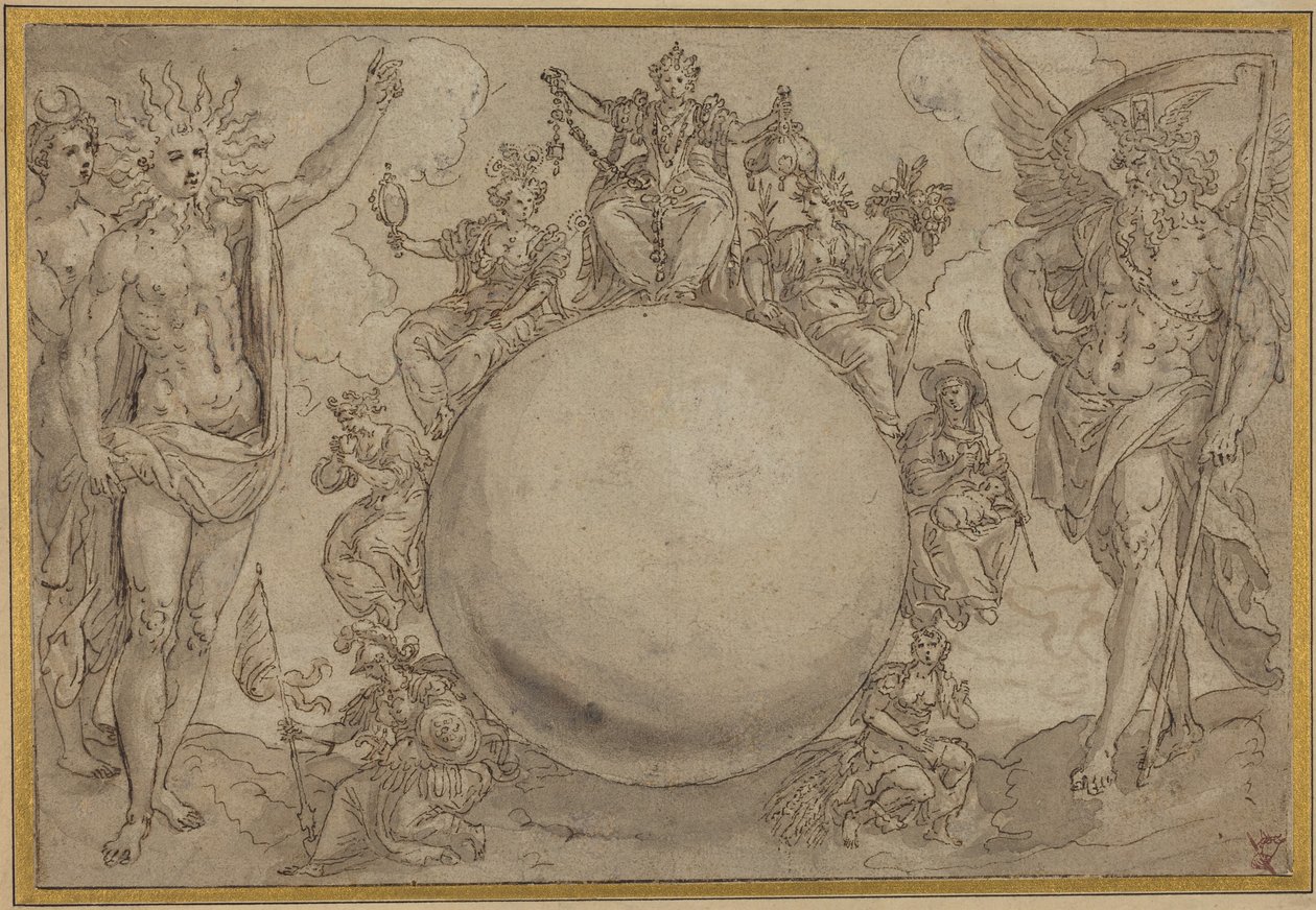 Apollon, Diane et le temps avec les vicissitudes cycliques de la vie humaine, vers 1561 (plume et encre brune avec lavis gris sur traces de graphite, incisé pour transfert sur papier vergé) - Maarten de Vos