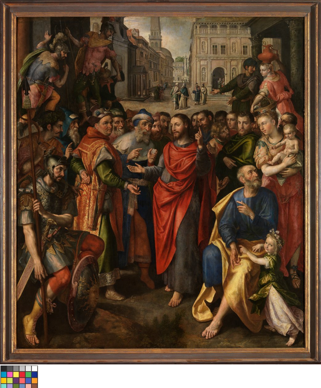 Néerlandais : Le jeton de péage (Matthieu 17:24-27 ; à gauche), le jeton de cinéma (Luc 20:21-26 ; au centre), la parabole de la veuve pauvre (Marc 21:41-44 ; à droite) (Retable de la Guilde des Monnayeurs). - Maerten de Vos