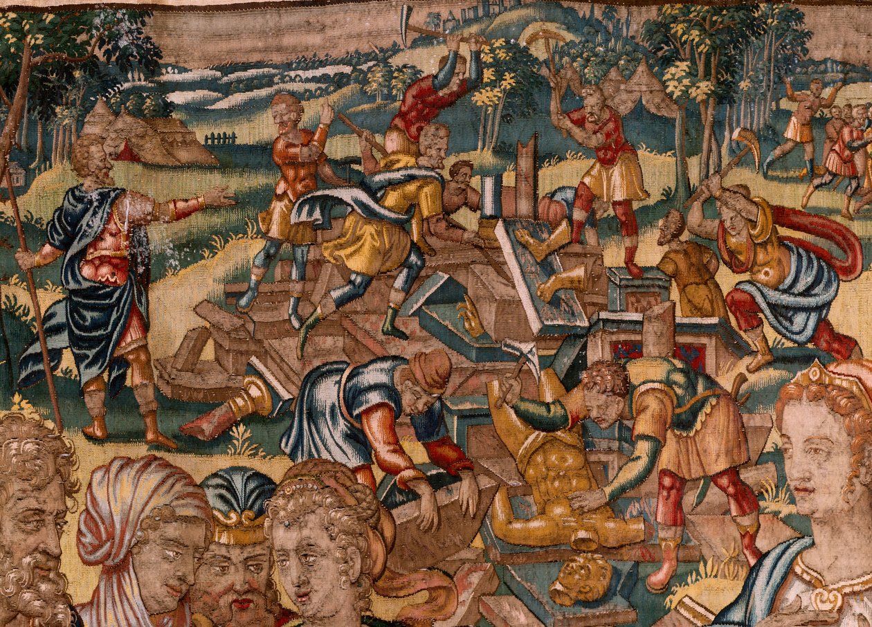 Musée diocésain (Museo Diocesano). Tapisserie flamande. Bruxelles. Atelier François Geubels. Série Histoire de Gédéon. Joash est informé que Gédéon a détruit l
