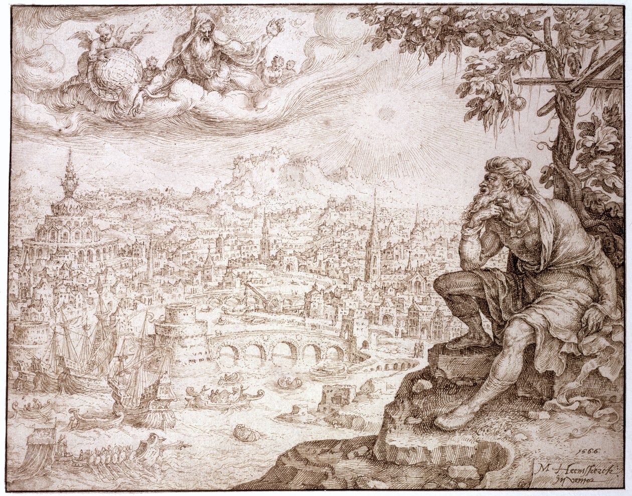 Jonas, assis sous la courge, contemple la ville de Ninive, 1566 - Maerten van Heemskerck