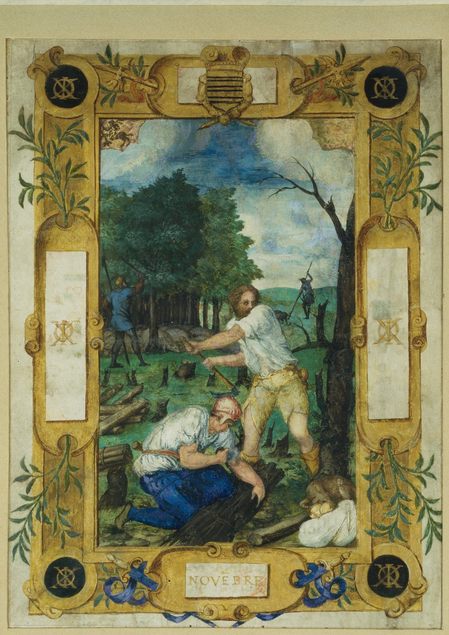 Page de calendrier pour novembre, abattage des arbres, d