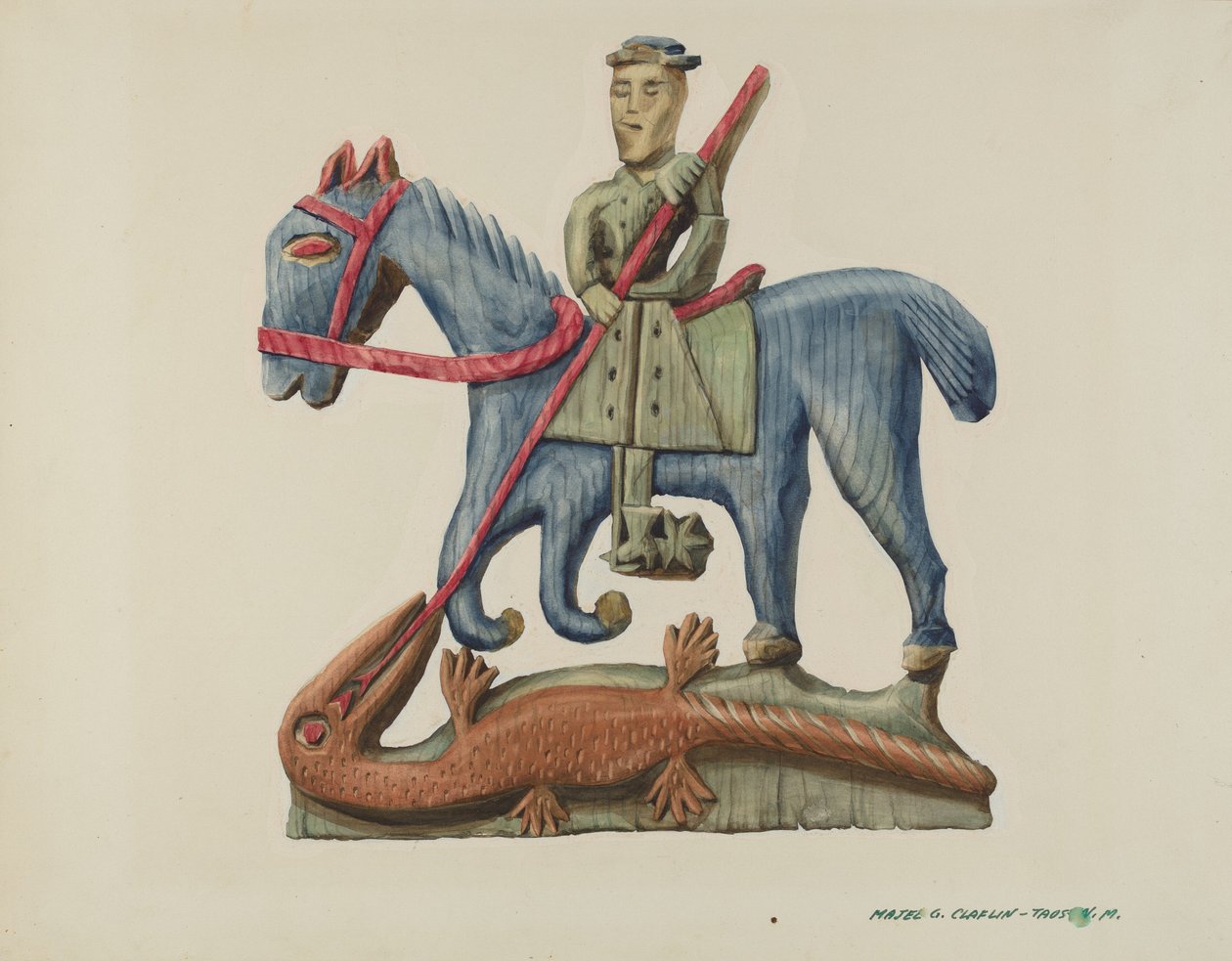 Saint Georges et le Dragon, sculpté dans une section de planche - peint, vers 1938 - Majel G. Claflin