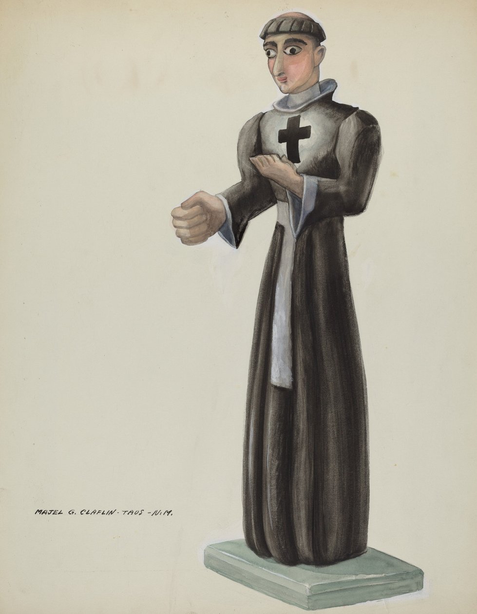 Santo en bois - Frère avec croix sur la poitrine - Majel G. Claflin