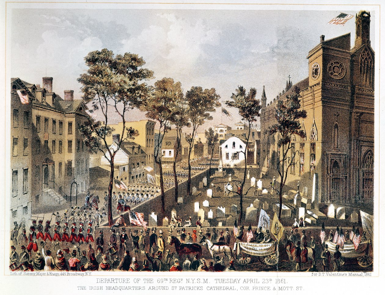 Départ du 69e Régiment, N.Y.S.M., 23 avril 1861, le quartier général irlandais autour de la cathédrale Saint-Patrick, coin de Prince et Mott Street, New York - Major and Knapp Sarony
