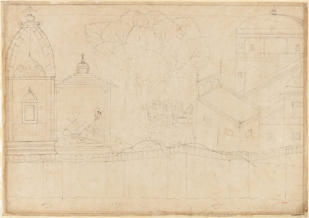 Indrajit fait des offrandes : Folio de la série du siège de Lanka, vers 1725 - Manaku