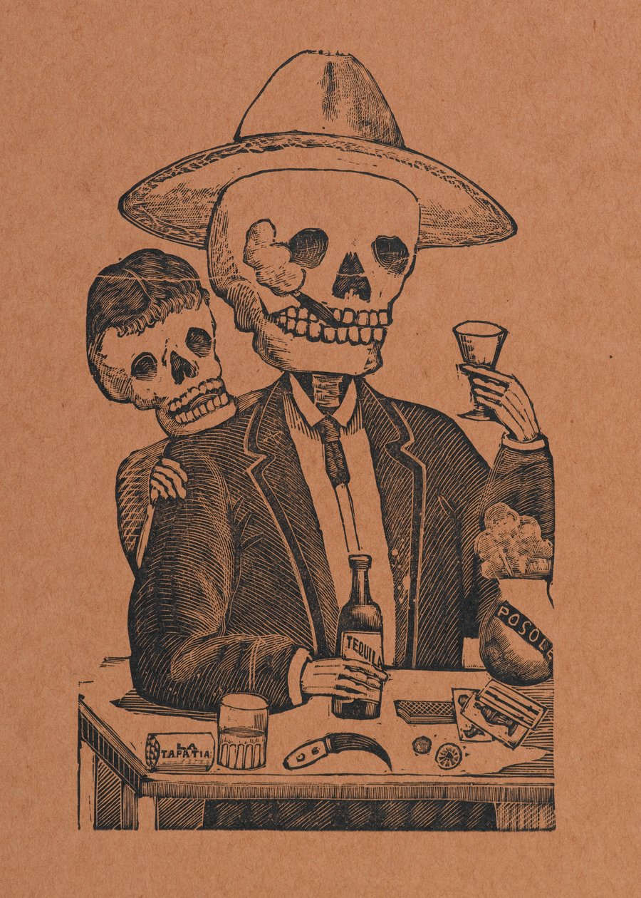 Figure de squelette dans un bar, de 330 Grabados Originales, imprimé par Antonio Vanegas Arroyo (1850-1917), Mexico City, Mexique - Manuel Manilla