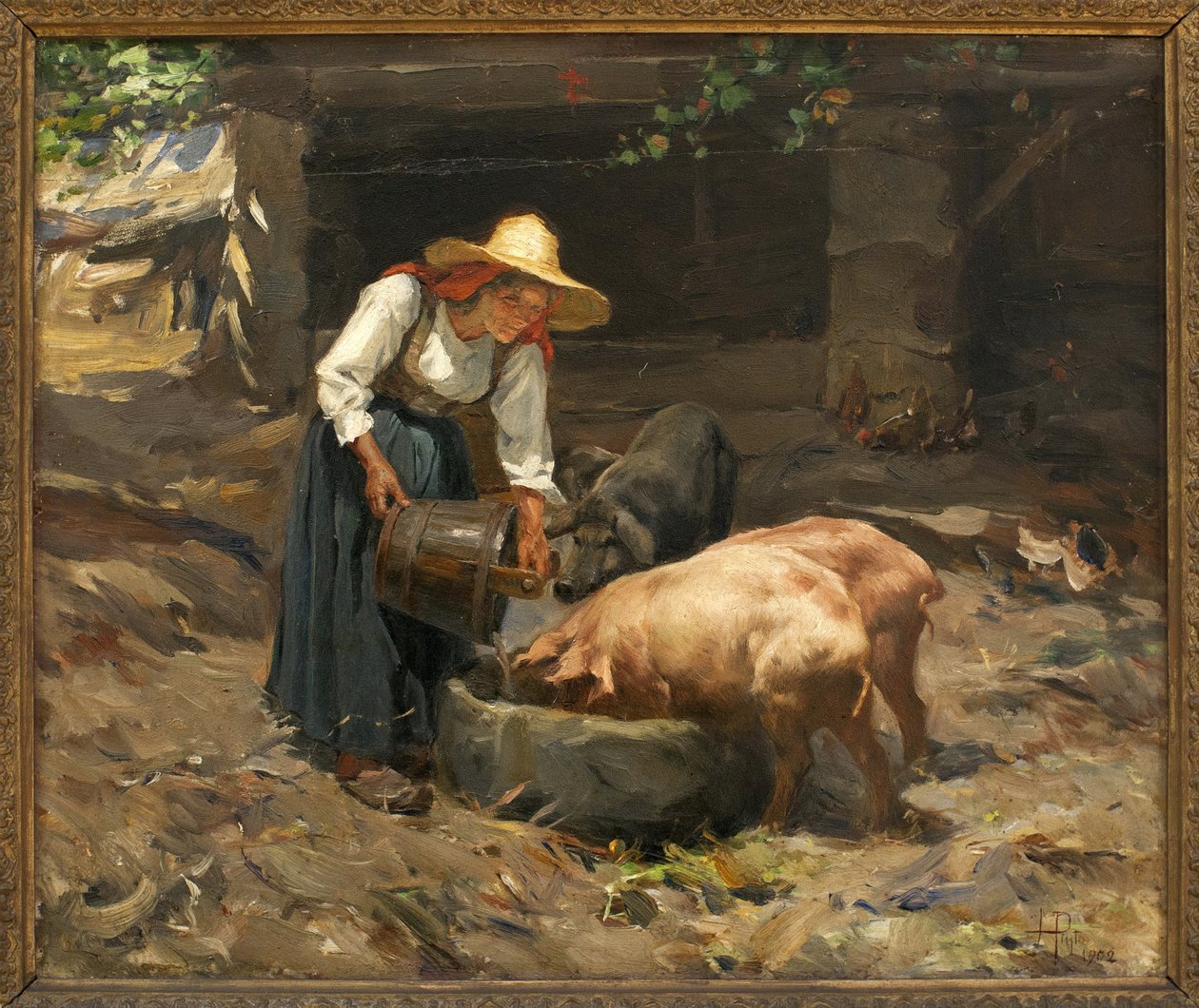 Le repas des cochons; Peinture de Manuel Henrique Pinto (1853-1912), huile sur bois - Manuel Henrique Pinto