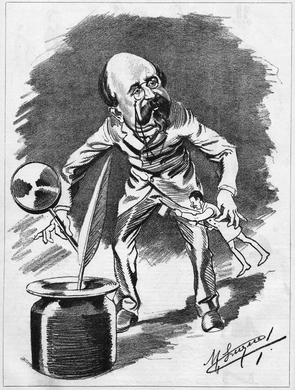 Edmond Gondinet (1828-1888), dramaturge français. Caricature par le dessinateur Manuel Luque. Dans « Le Caricature » de 1886 - Manuel Luque