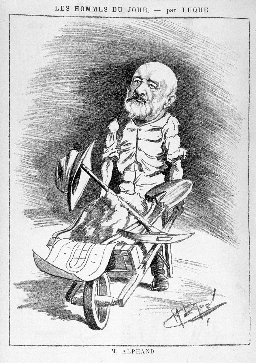 Transformations de Paris sous le Second Empire, Paris Haussmannien : Dessin humoristique représentant Jean Charles Adolphe Alphand (1817-1891), ingénieur. Il a participé à la rénovation de Paris dirigée par le baron Haussmann entre 1852 et 1870. Gravure da - Manuel Luque
