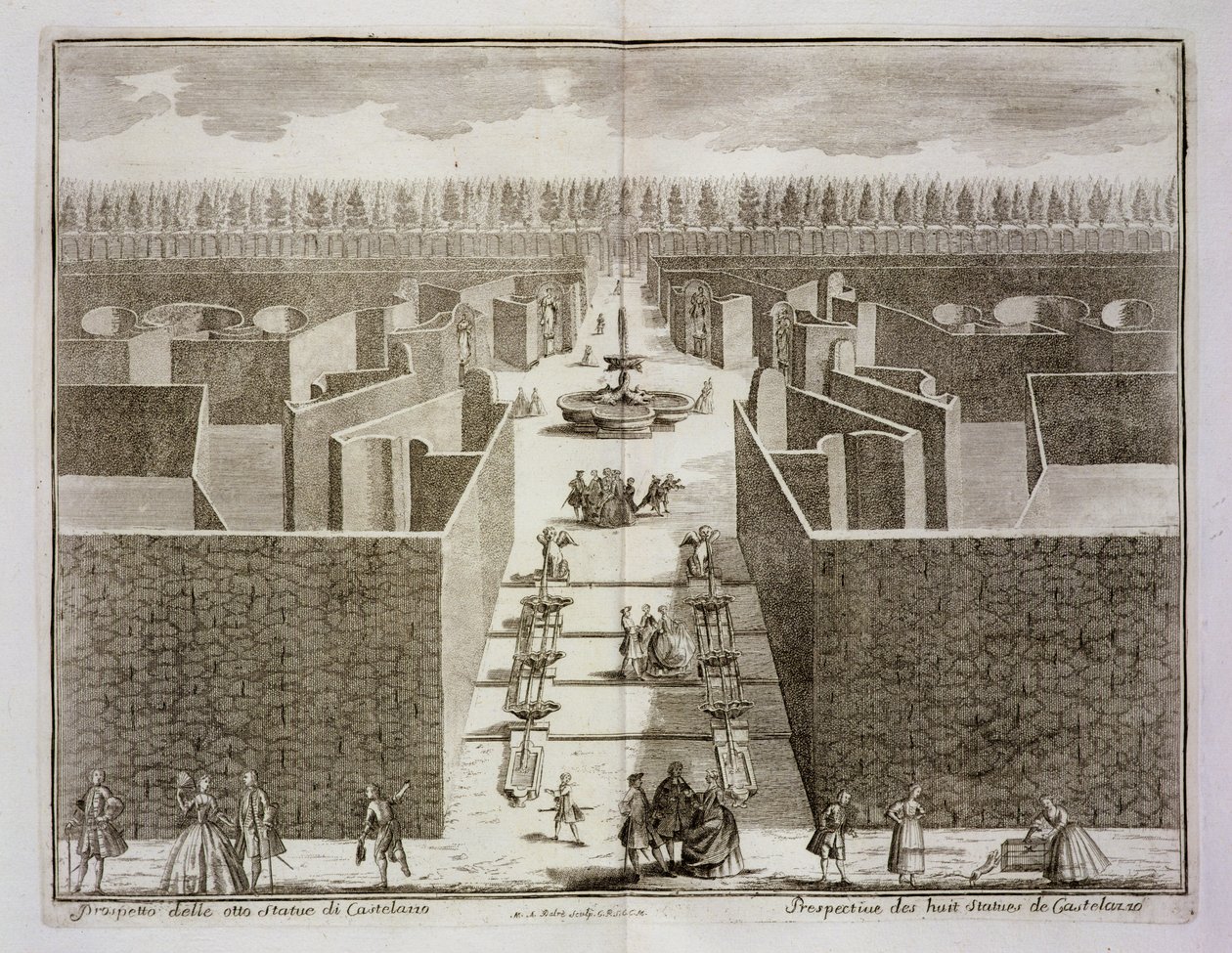 Vue des huit statues de Castellazzo dans le labyrinthe topiaire, de 