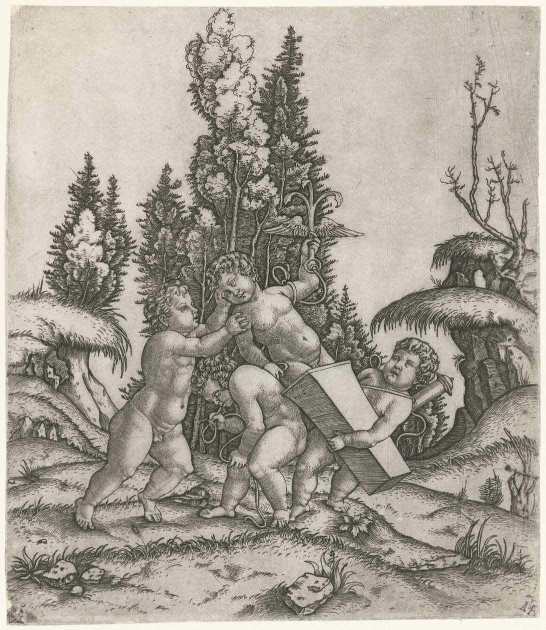 Amour et deux putti ou enfants portant une statue de putti avec une ancre ailée sur un socle - Marcantonio Raimondi