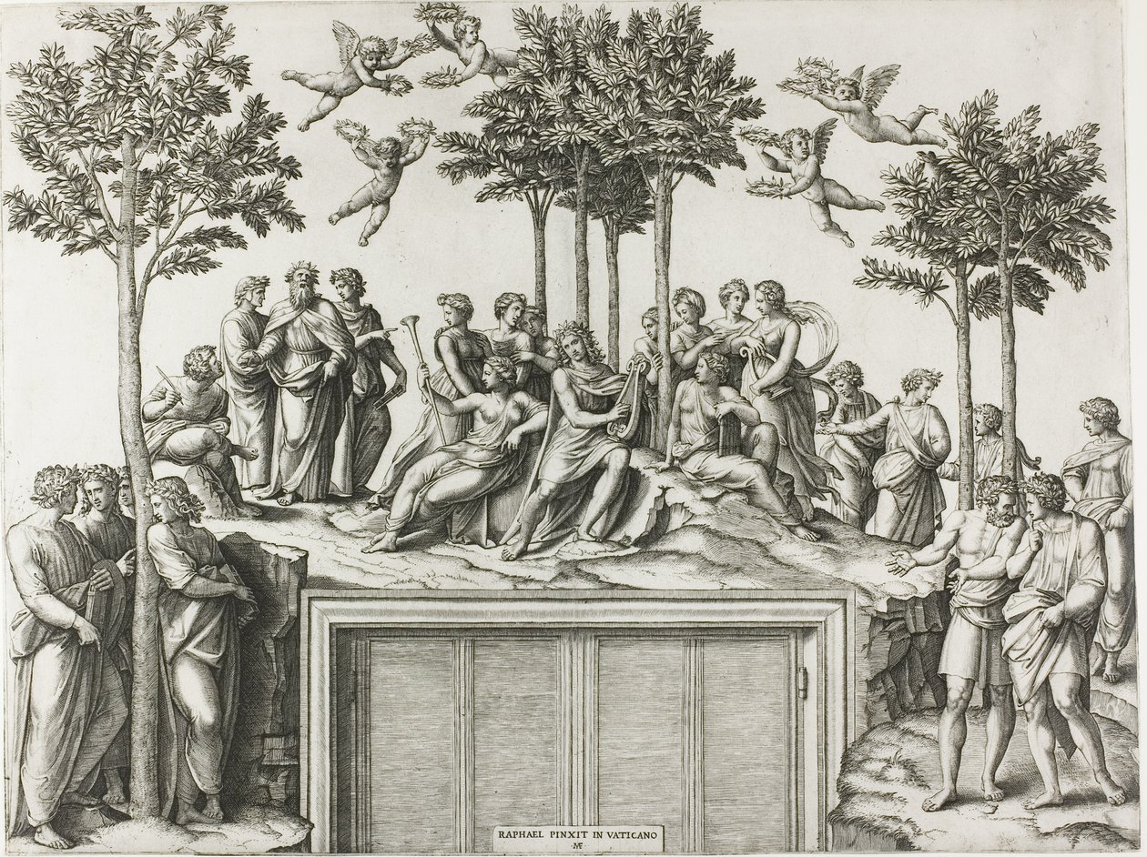 Apollon sur le Parnasse, entouré des Muses et des poètes - Marcantonio Raimondi