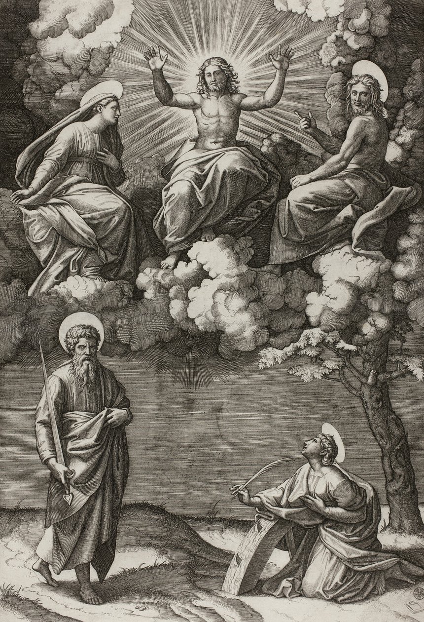 Christ, la Vierge et Saint Jean-Baptiste avec les saints Paul et Catherine - Marcantonio Raimondi