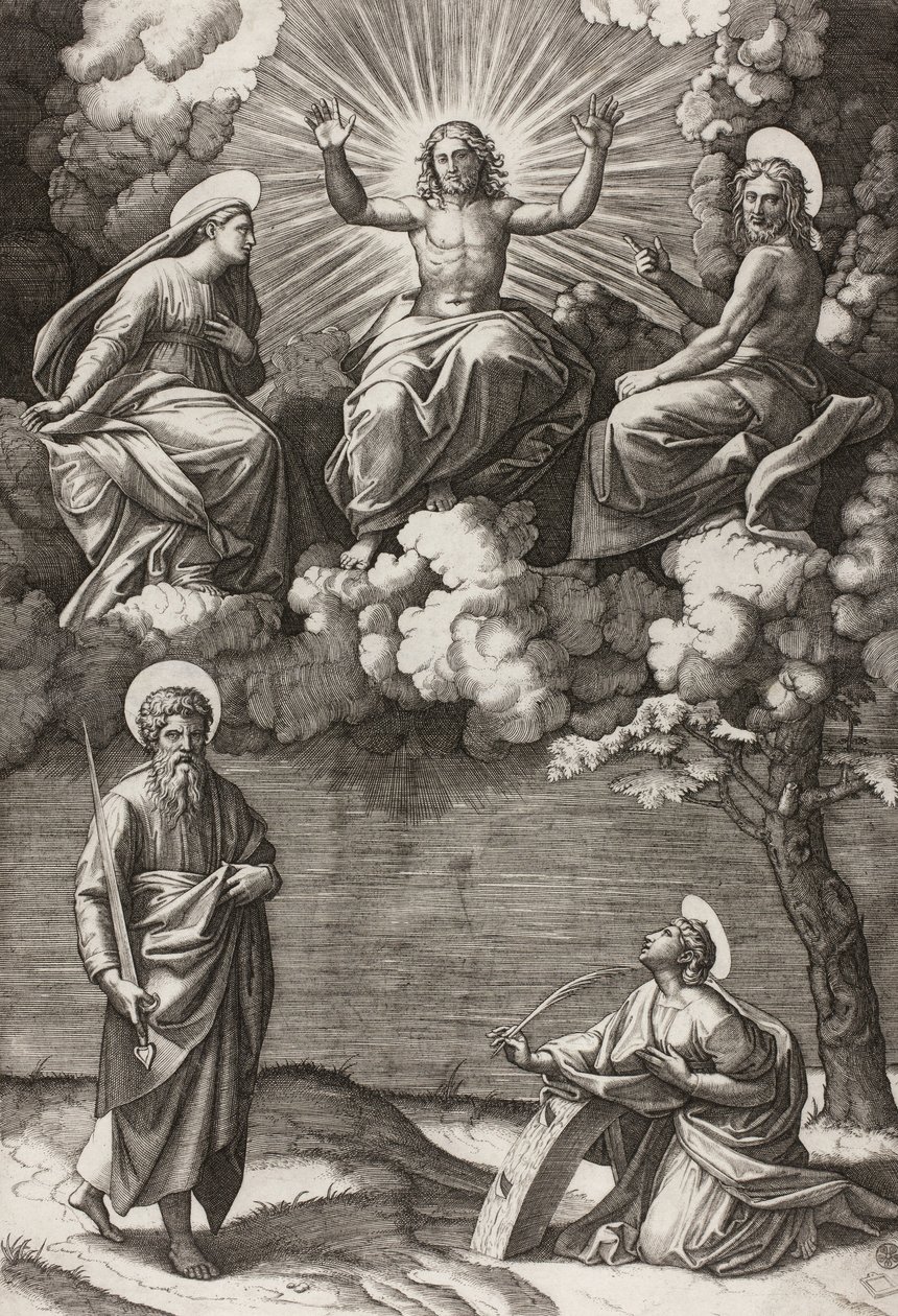 Le Christ, la Vierge et Saint Jean-Baptiste avec les saints Paul et Catherine, 1520-25 - Marcantonio Raimondi